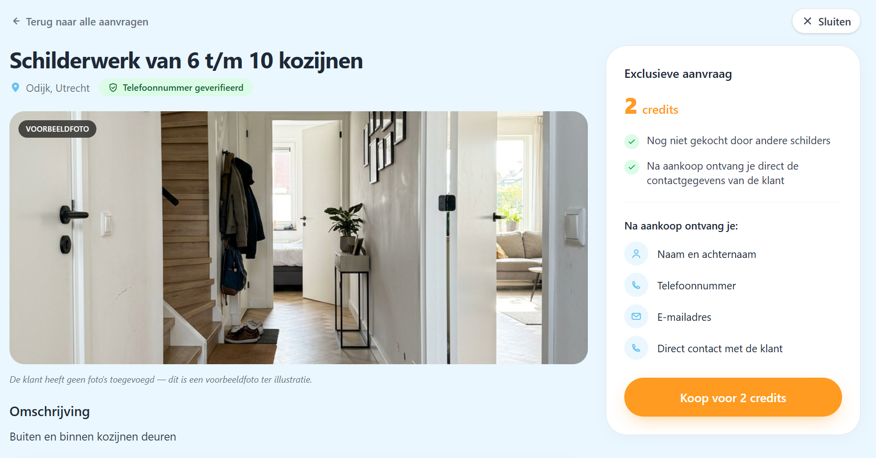 Voorbeeld van een aanvraagdetailpagina met foto en aankoopblok