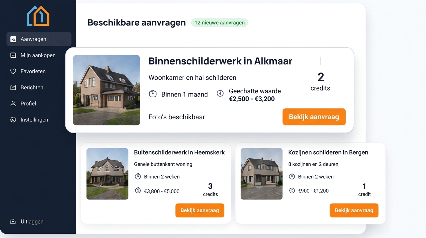 Voorbeeld van het DeJuisteVakman dashboard met beschikbare aanvragen